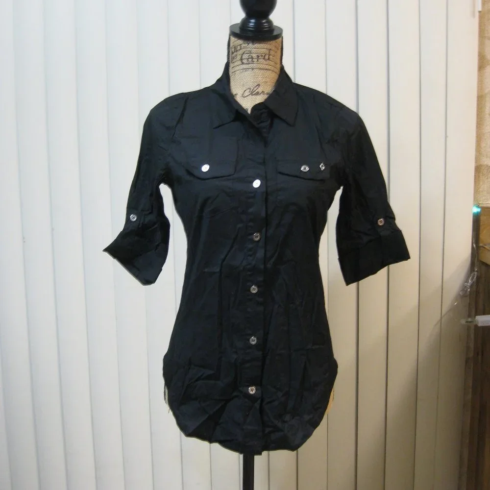NWT Guess black logo button up shirt top XS extra small